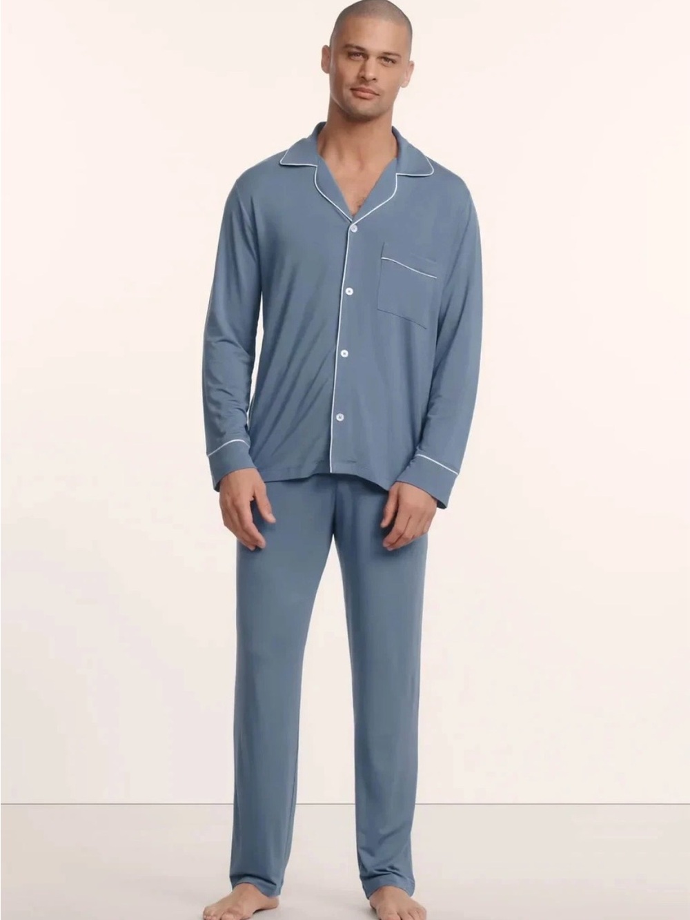 Eberjey William Dusty Blue Long-Sleeve Pajama Set with White Piping M/L